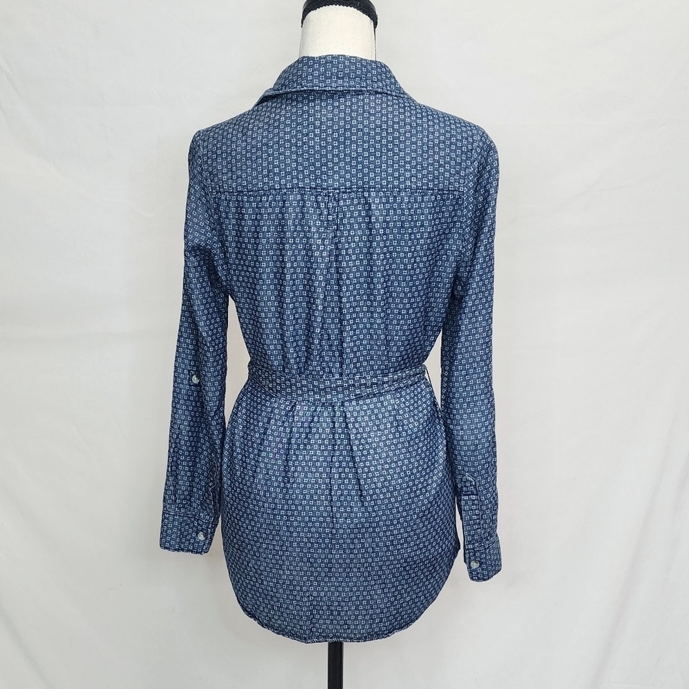 Sonoma Drop Tail Button Up Long Cuffed Roll Tab Sleeve Top w/ Tie Waist Belt - Picture 3 of 5
